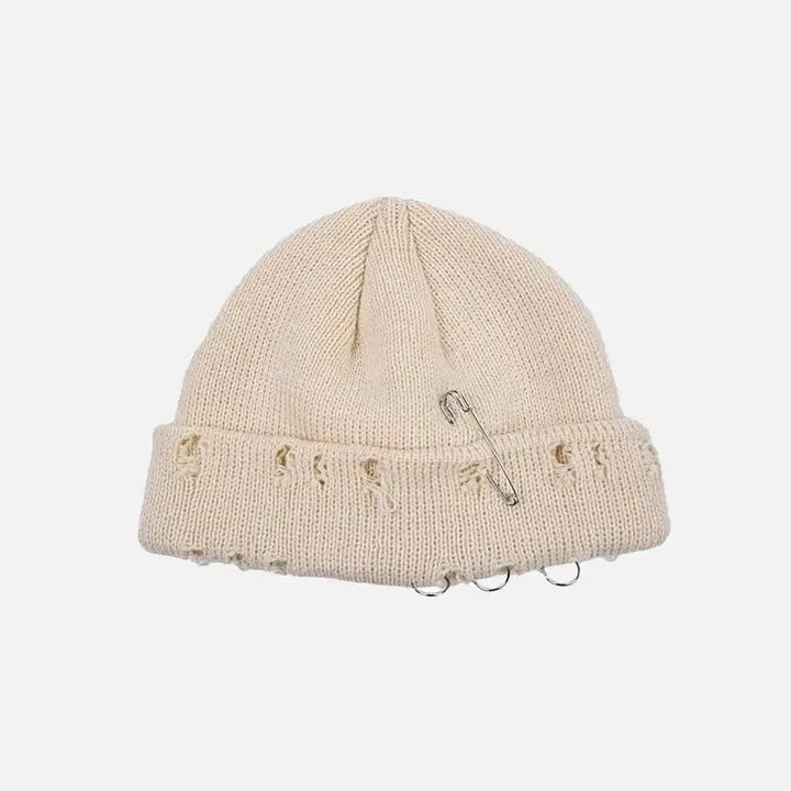Y2k knitted ripped pierced hat in vibrant colors - beige - beanies