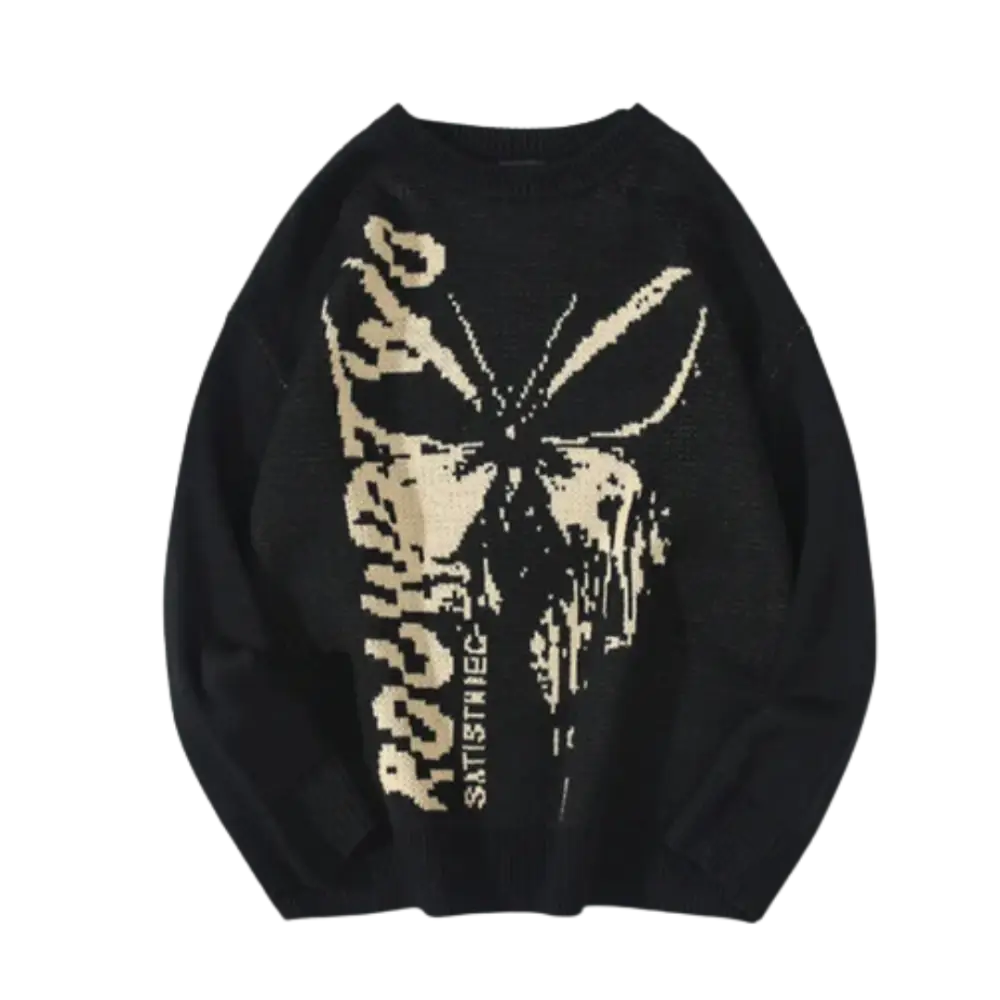 Knitterd butterfly y2k sweater in heavy 400gsm wool for urban style - black / m
