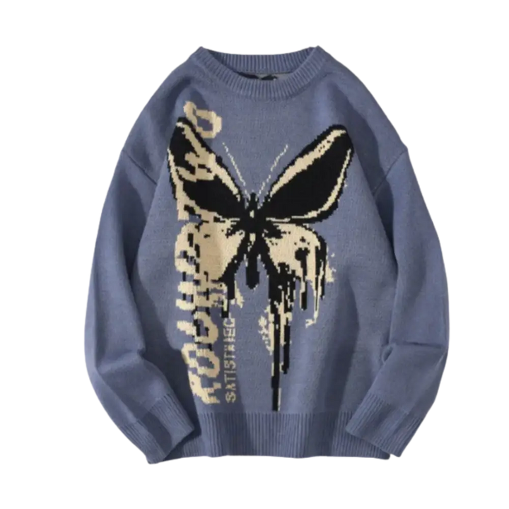 Knitterd butterfly y2k sweater in heavy 400gsm wool for urban style - washed blue / m