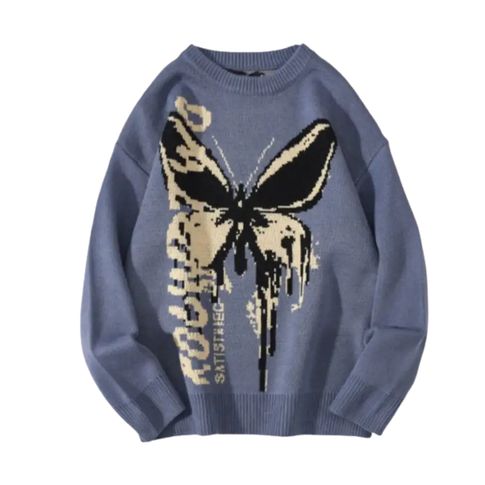Knitterd butterfly y2k sweater in heavy 400gsm wool for urban style - washed blue / m