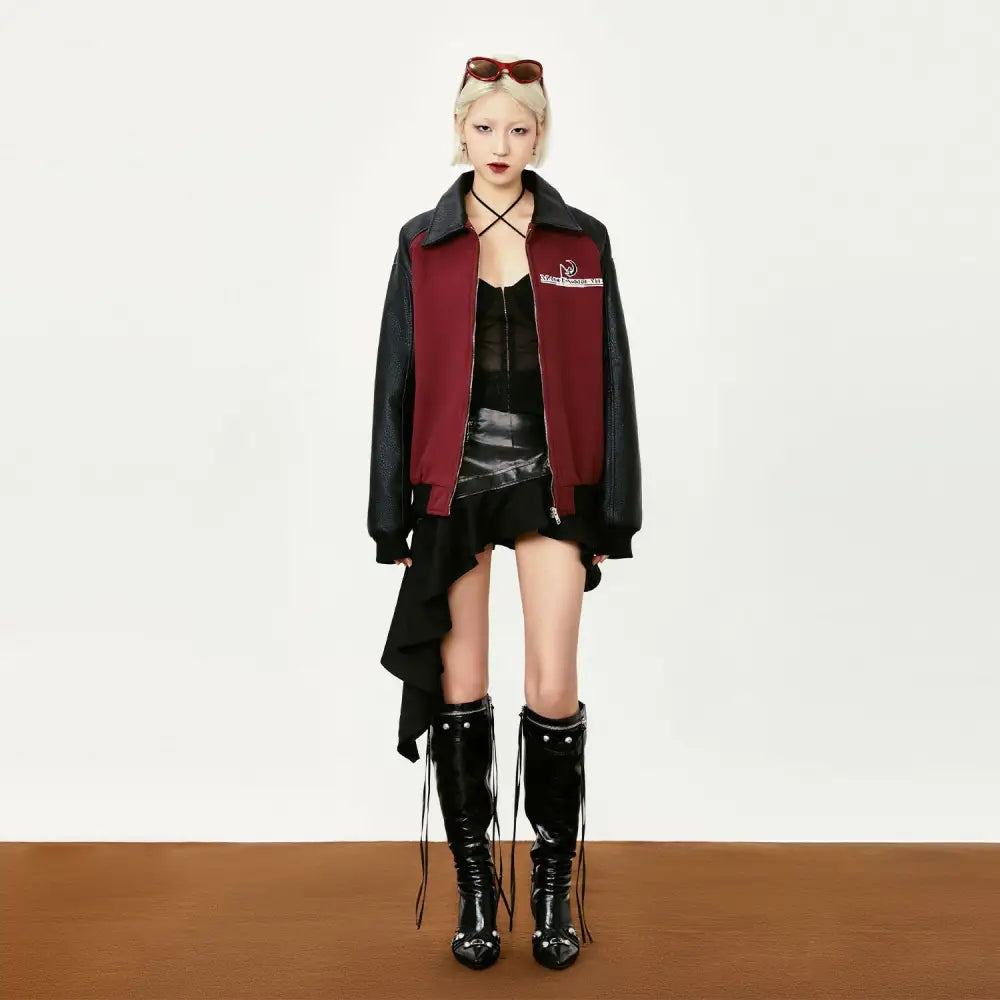 Y2k leather patchwork jacket with sophisticated lapel collar