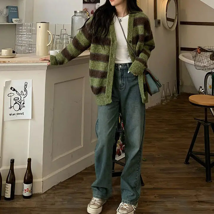Local coffee shop striped cardigan for cozy fall vibes