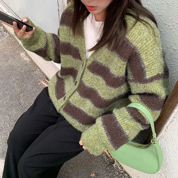 Local coffee shop striped cardigan for cozy fall vibes