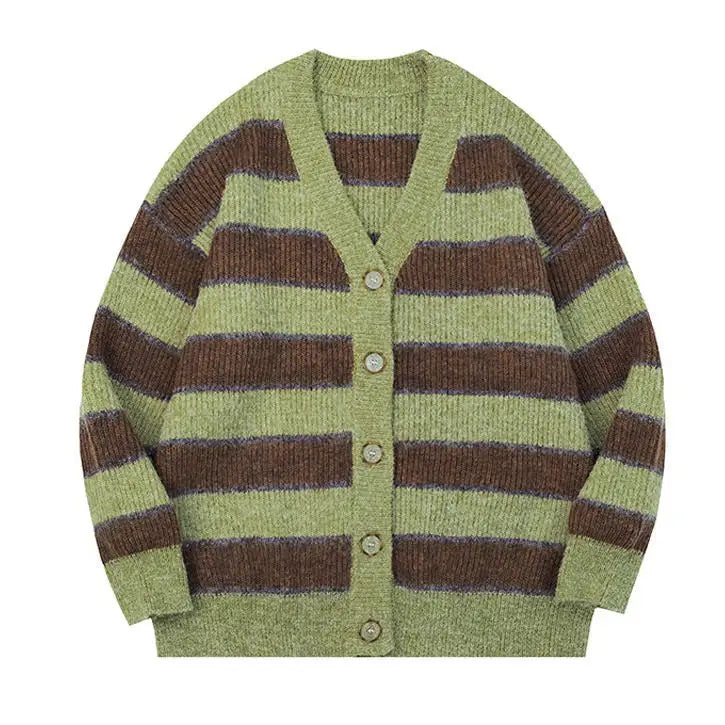 Local coffee shop striped cardigan for cozy fall vibes - s / green/brown