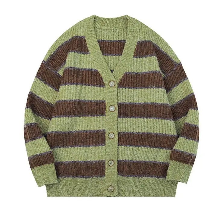 Local coffee shop striped cardigan for cozy fall vibes - s / green/brown