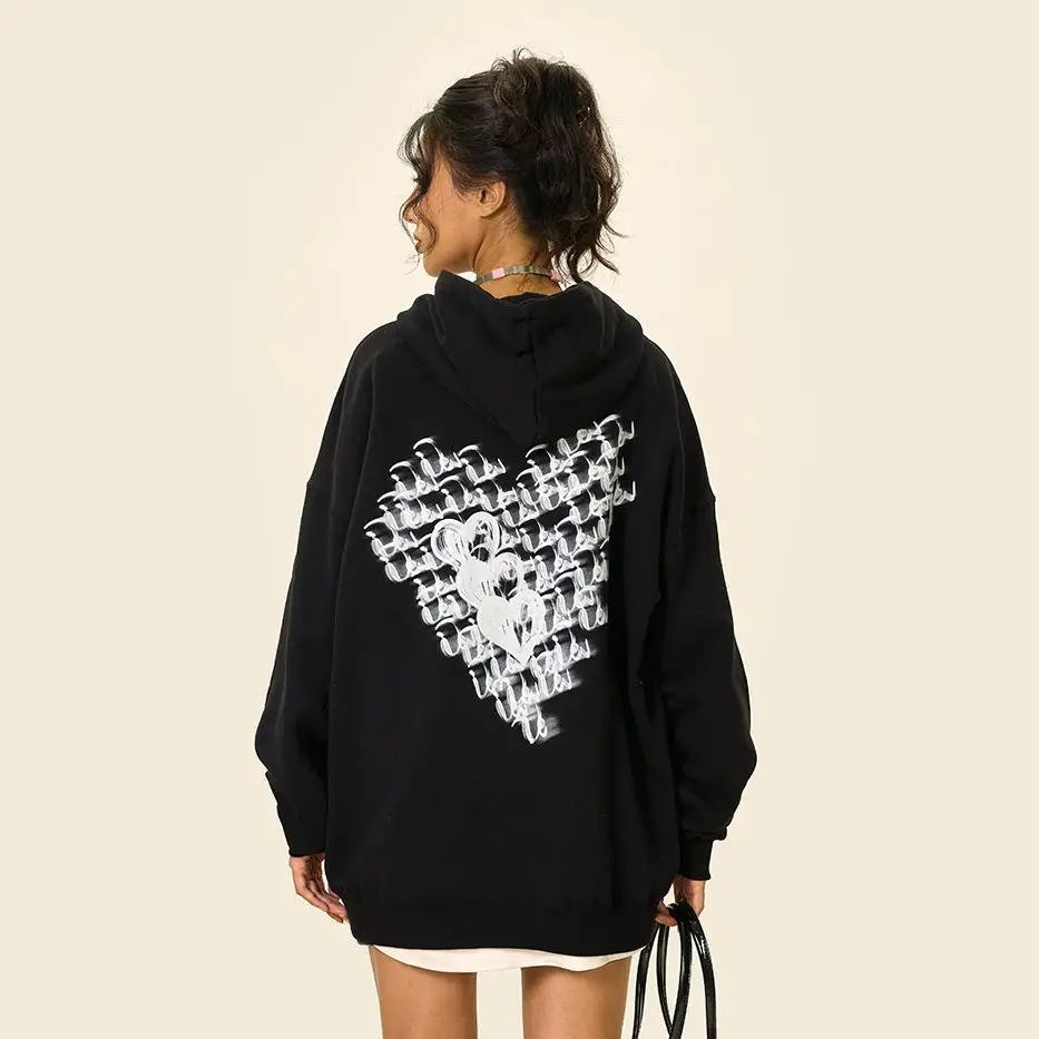 Cursive love heart y2k loose hoodie for ultimate streetwear comfort - hoodies