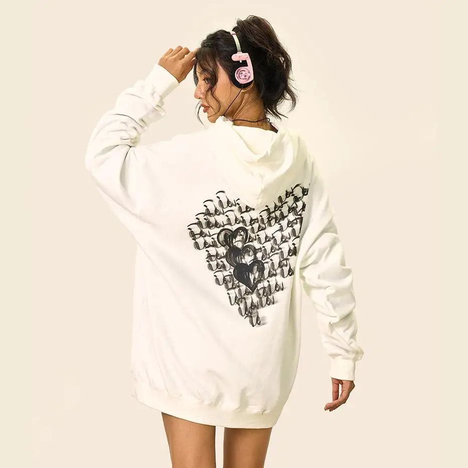 Cursive love heart y2k loose hoodie for ultimate streetwear comfort - hoodies