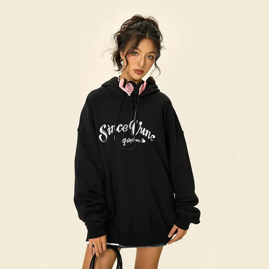 Cursive love heart y2k loose hoodie for ultimate streetwear comfort - hoodies
