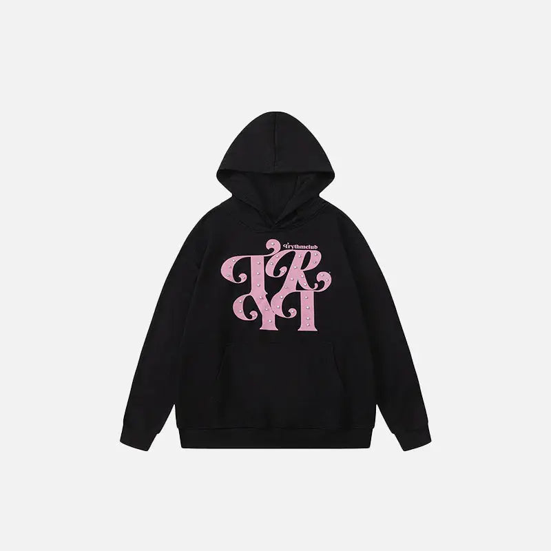 Y2k loose front pocket letter print hoodie for streetwear style - black / m - hoodies