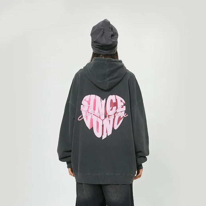 Y2k peach heart washed loose fit hoodie for comfort and style - hoodies