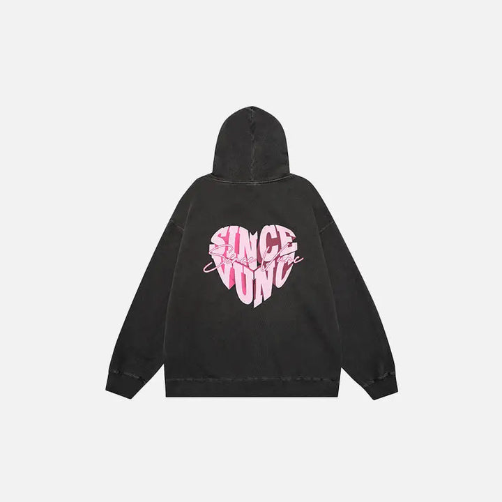 Y2k peach heart washed loose fit hoodie for comfort and style - hoodies