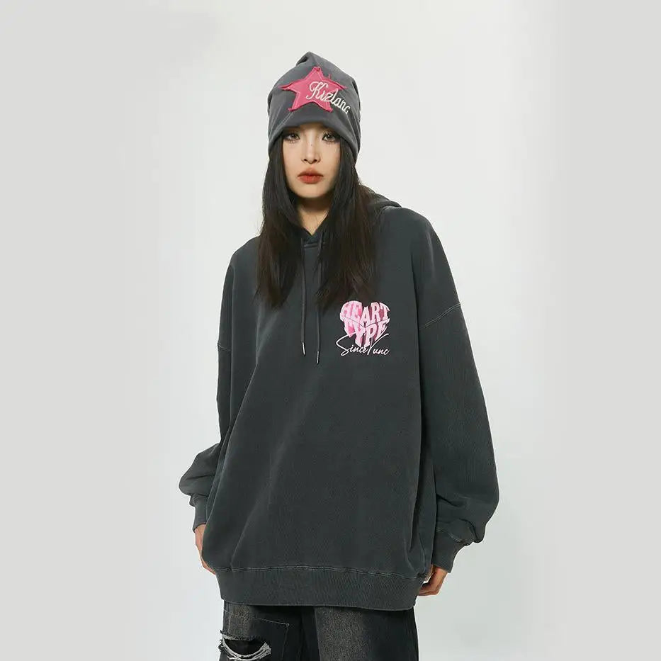 Y2k peach heart washed loose fit hoodie for comfort and style - hoodies