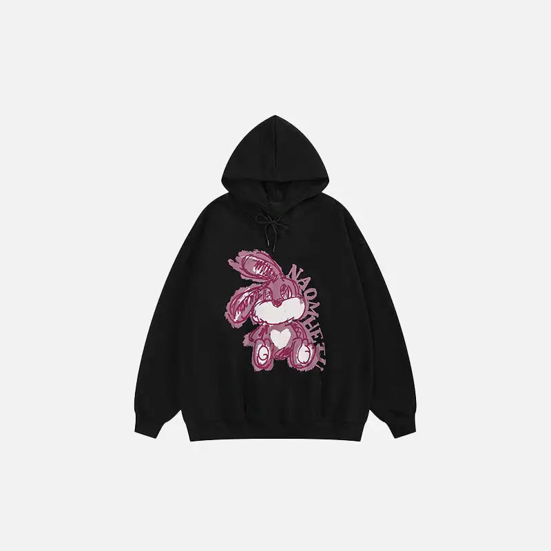 Y2k retro rabbit printed loose fit hoodie for comfort and style - black / s - hoodies