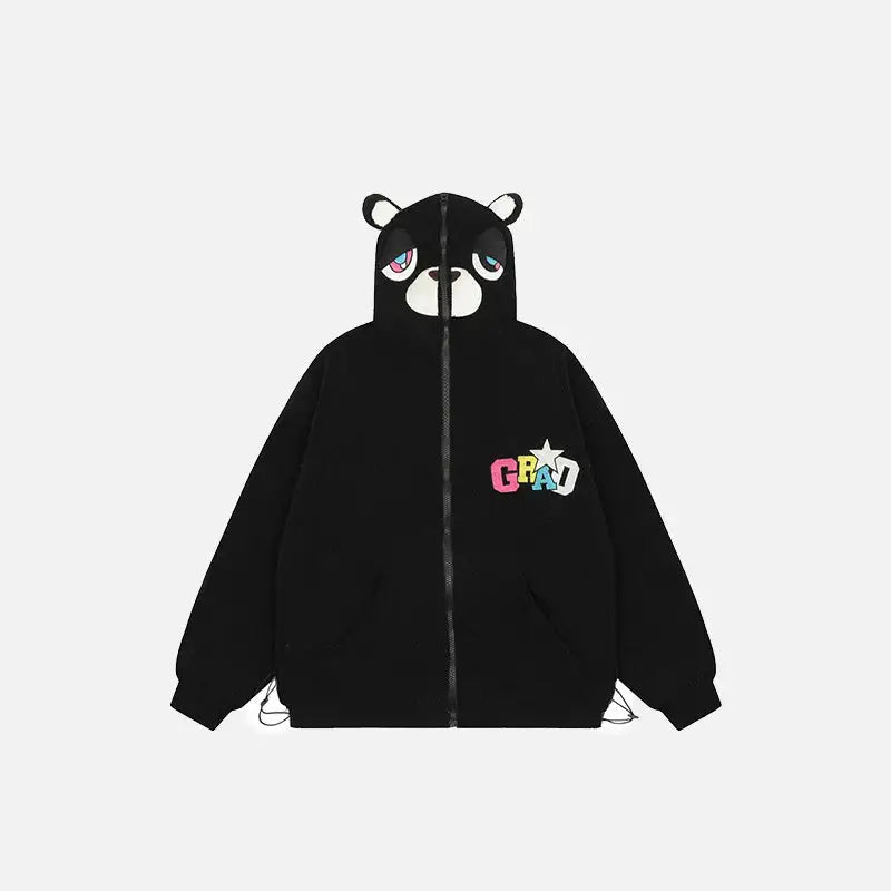 Loose sleepy bear ears fleece hooded jacket y2k style - black / m
