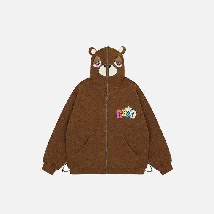 Loose sleepy bear ears fleece hooded jacket y2k style - brown / m