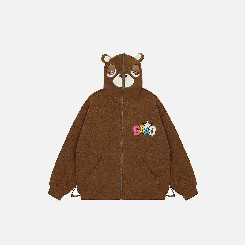 Loose sleepy bear ears fleece hooded jacket y2k style - brown / m