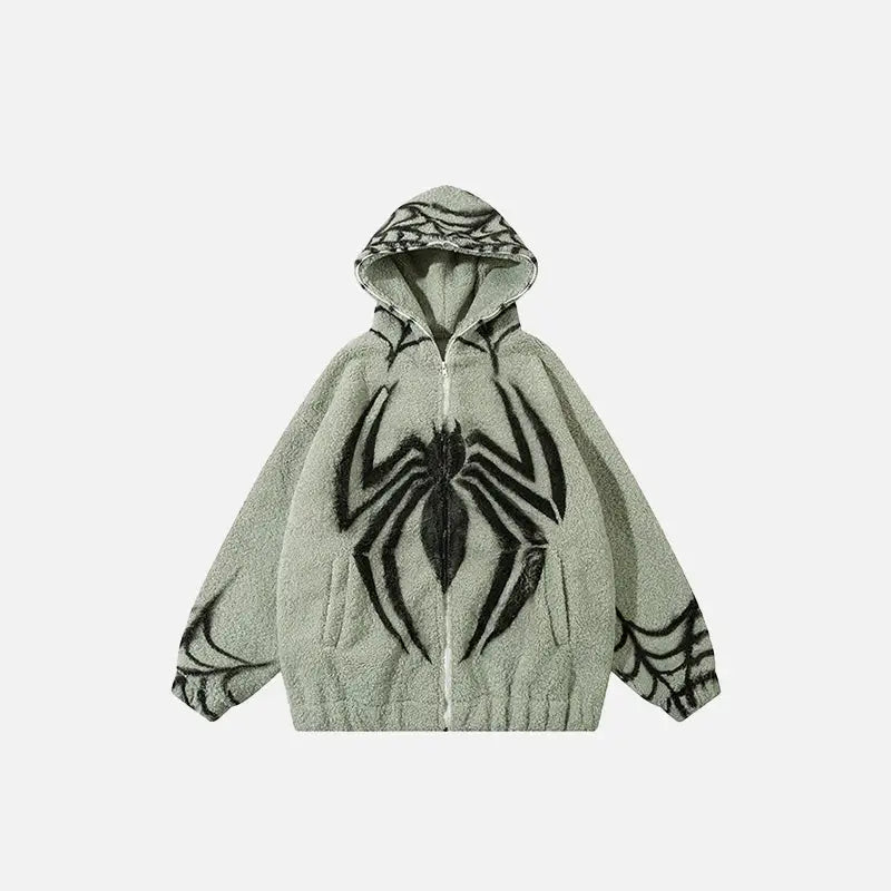 Y2k spider loose fleece zip jacket for stylish streetwear - green / m