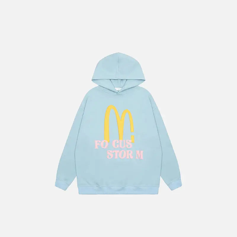 Y2k print hoodie with bold letter m design - blue / hoodies