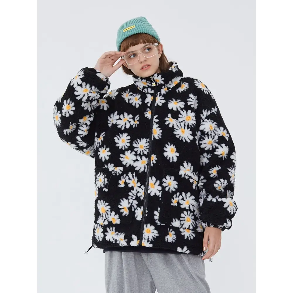 Marguerite daisy flower y2k jacket for trendy outerwear style - fuzzy jackets