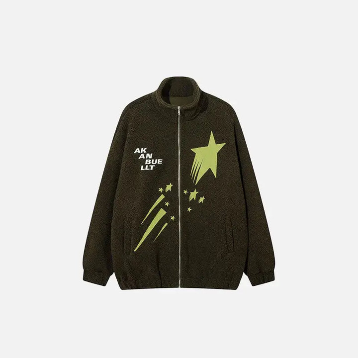 Meteor star y2k fleece jacket with stand-up collar - green / m
