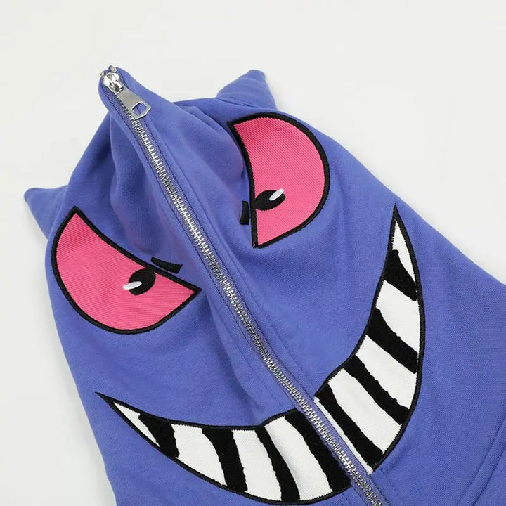 Monster face y2k oversized zip hoodie for ultimate streetwear style - hoodies