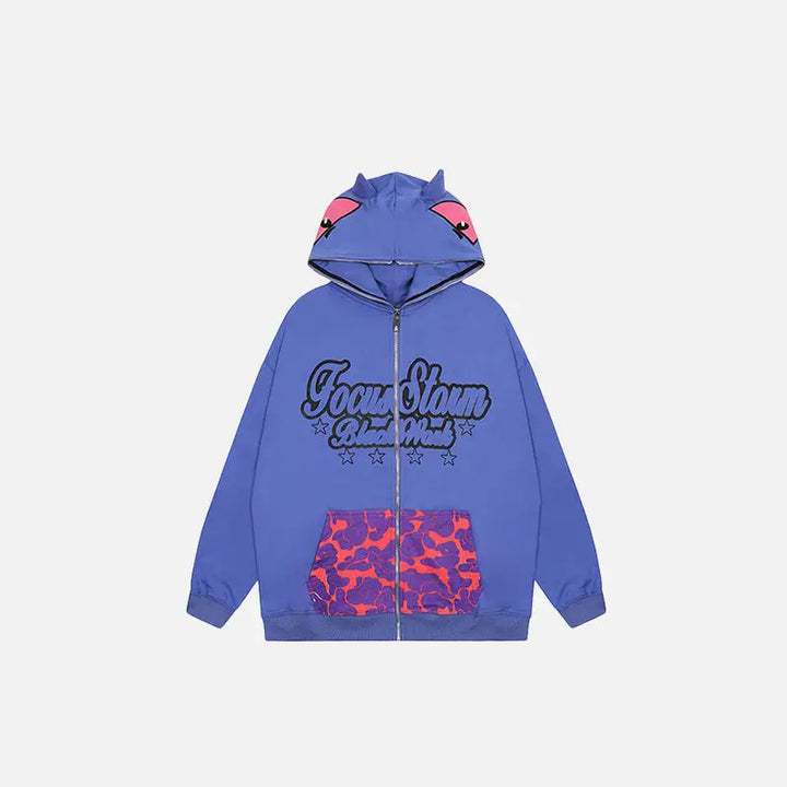 Monster face y2k oversized zip hoodie for ultimate streetwear style - purple / m - hoodies