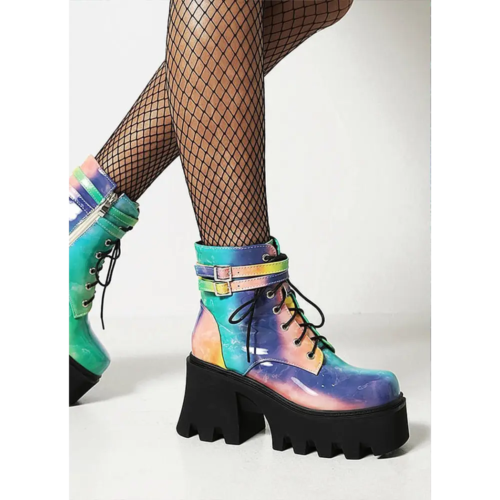 Patent leather ankle chunky boots with square heel and back zippers