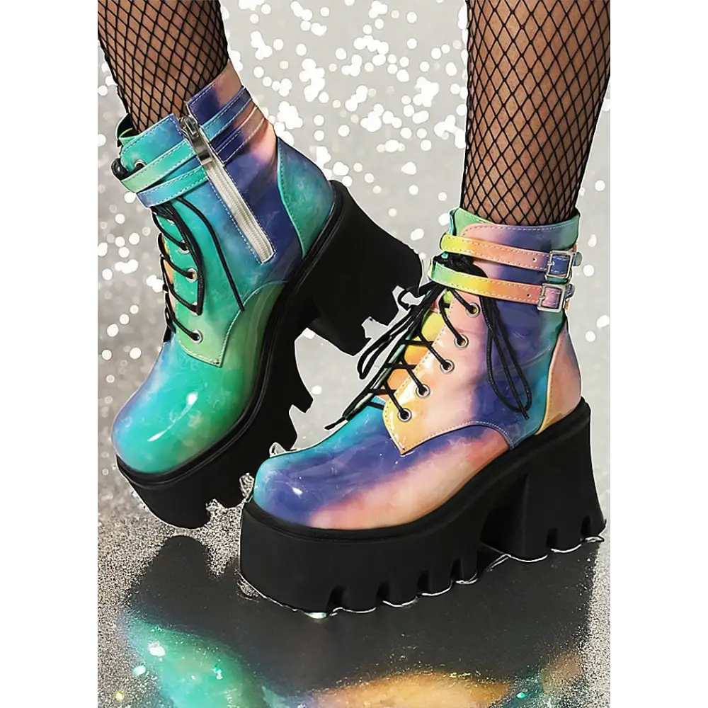 Patent leather ankle chunky boots with square heel and back zippers