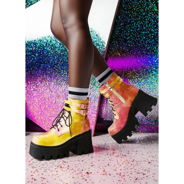 Patent leather ankle chunky boots with square heel and back zippers