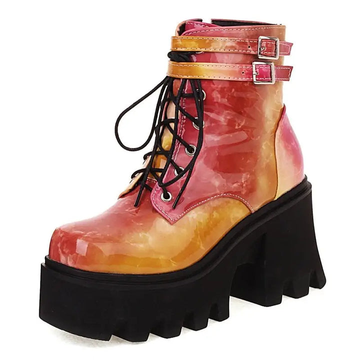 Patent leather ankle chunky boots with square heel and back zippers - red / us4