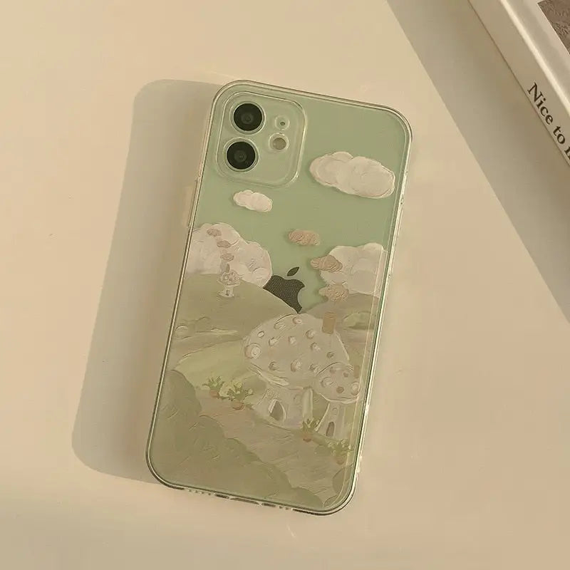Hand-painted mushroom landscape phone case for y2k iphone - cases