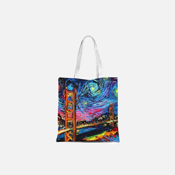 Night city retro striped leisure tote bag in sturdy canvas - loud / 23x27cm-9x10.6in
