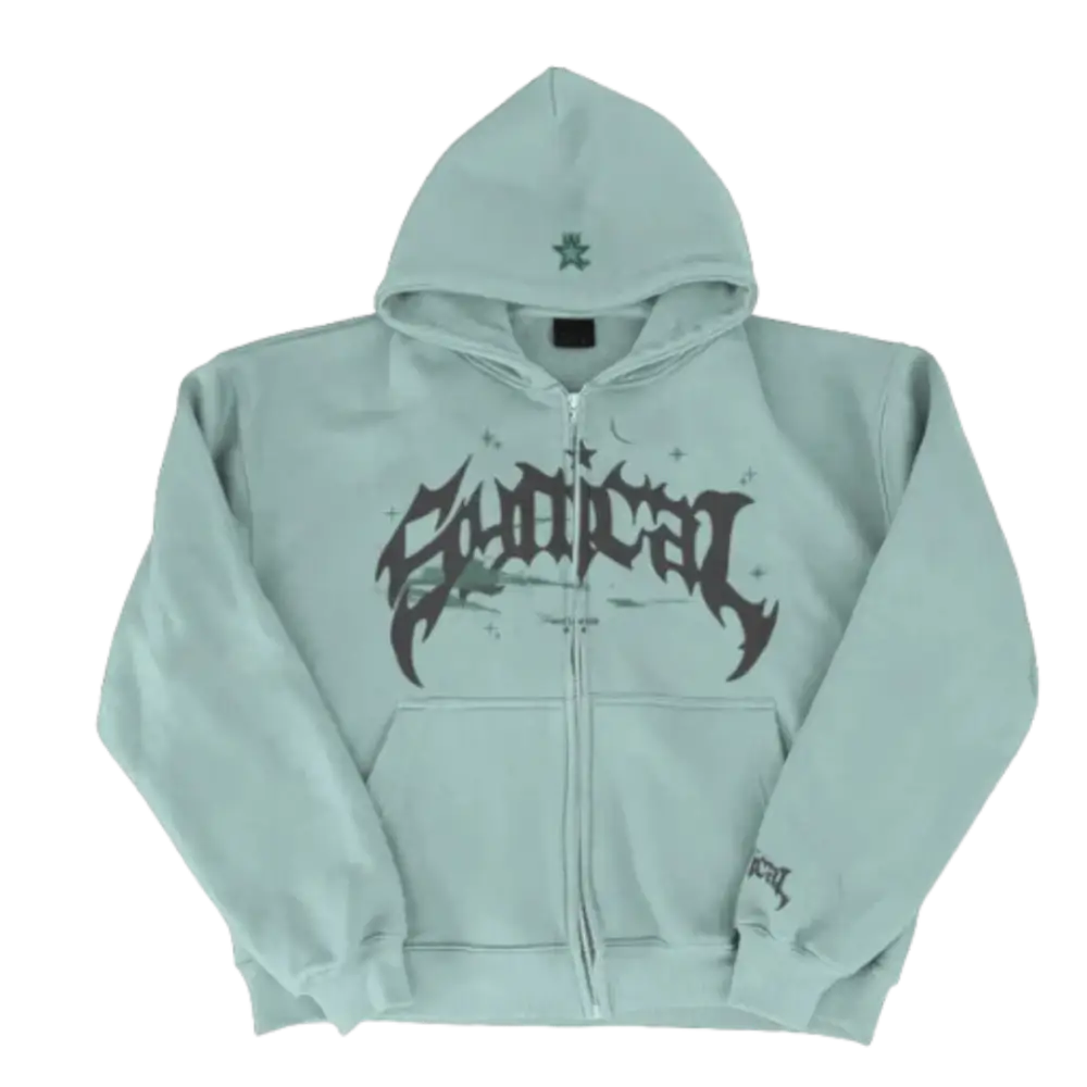 a green zip-up hoodie with the word ’death’ on it