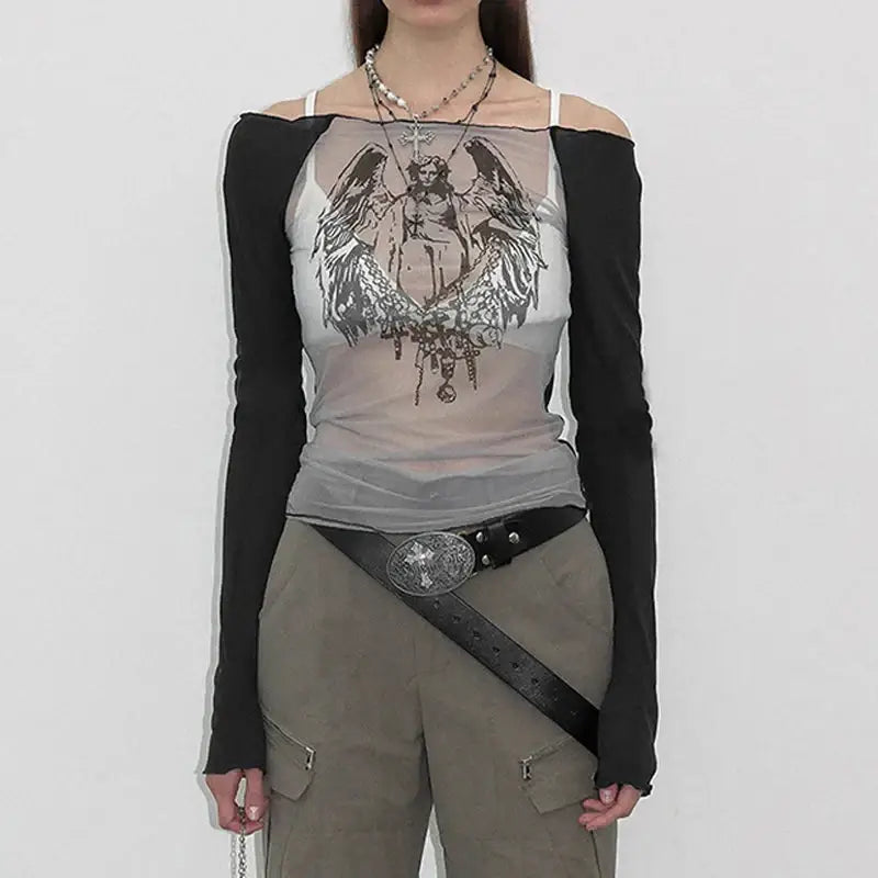 Y2k hand-painted mesh tee with full zip and regular sleeves - black / s