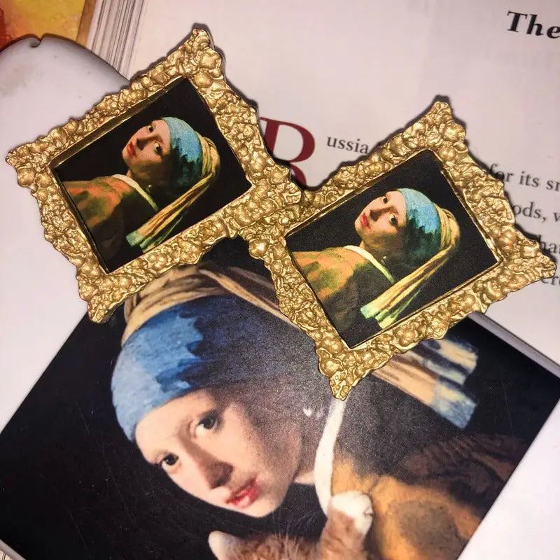 Girl with a pearl earring and mona lisa oil painting earrings - earrings