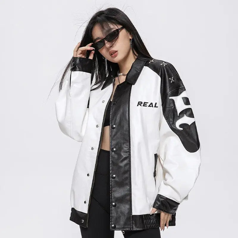 Oversized color block leather sports jacket for a y2k statement piece