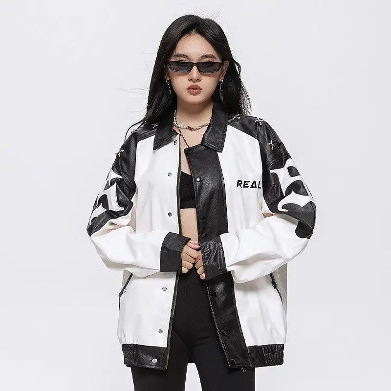 Oversized color block leather sports jacket for a y2k statement piece - white / m