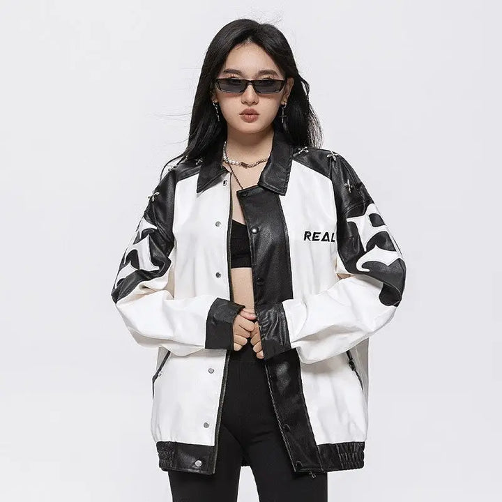 Oversized color block leather sports jacket for a y2k statement piece - white / m