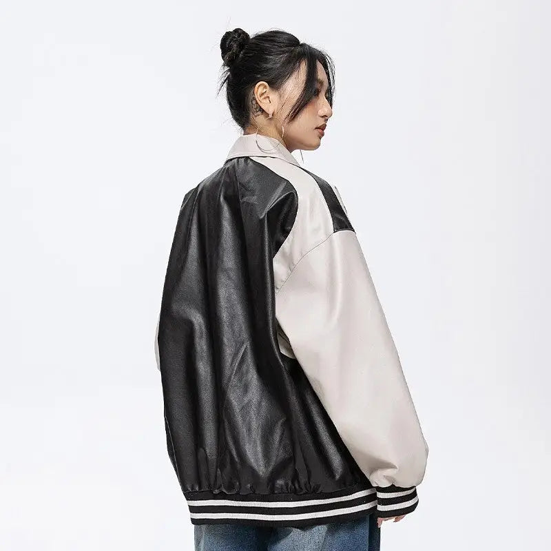 Oversized leather varsity jacket for y2k streetwear style - varsity jackets