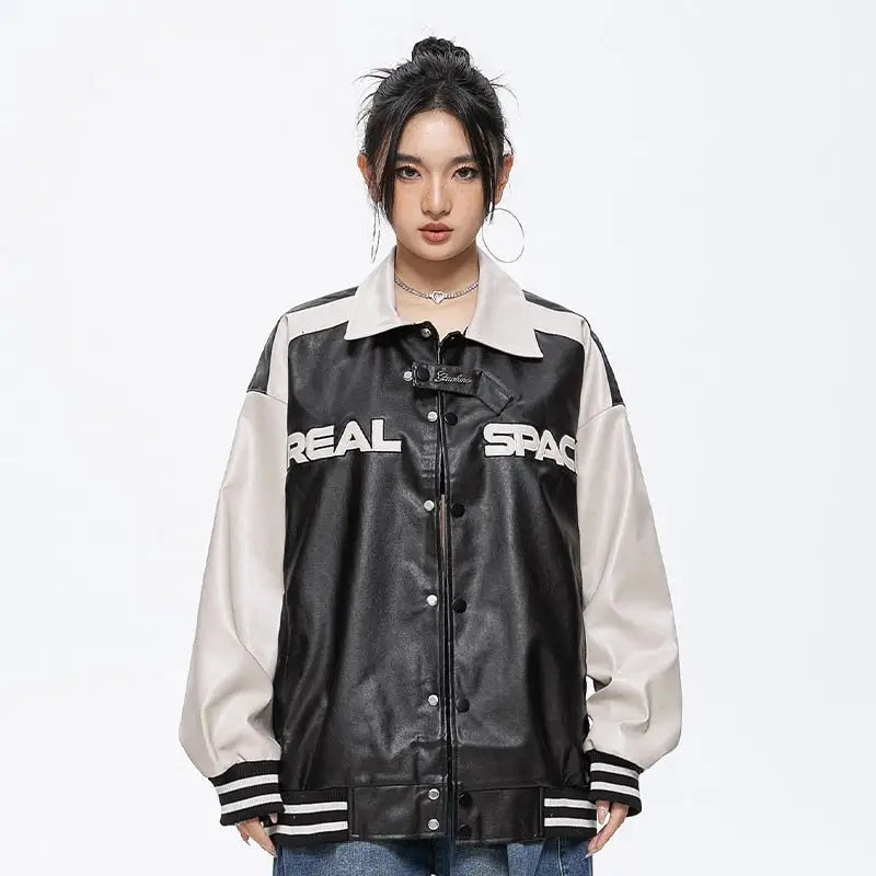 Oversized leather varsity jacket for y2k streetwear style - varsity jackets