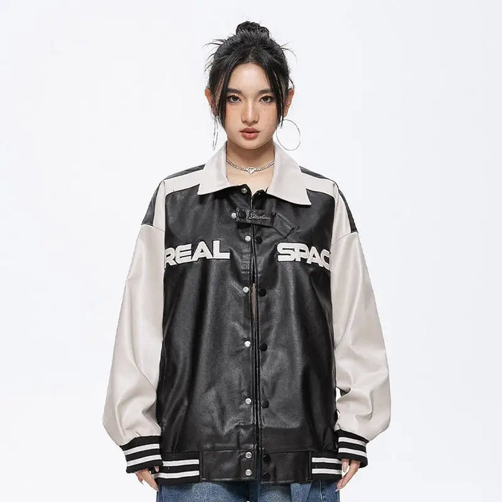 Oversized leather varsity jacket for y2k streetwear style - varsity jackets