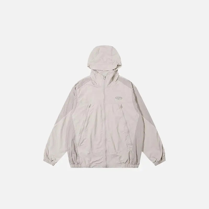 Y2k oversized windbreaker jacket with patchwork and zip closure - beige / s