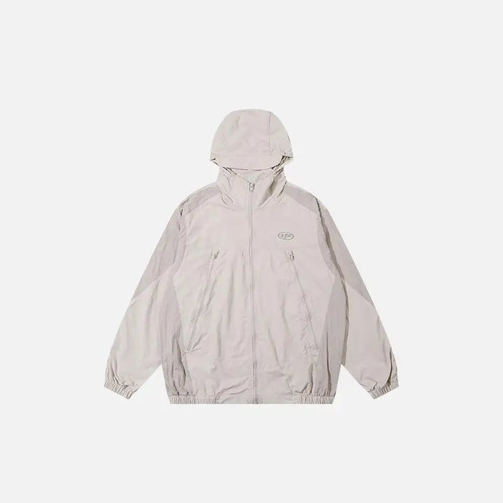 Y2k oversized windbreaker jacket with patchwork and zip closure - beige / s