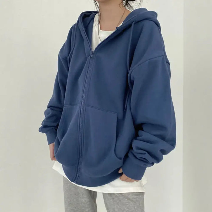Oversized zipped hoodie in solid color for y2k streetwear style - blue / s - hoodies