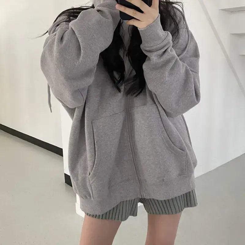 Oversized zipped hoodie in solid color for y2k streetwear style - grey / s - hoodies