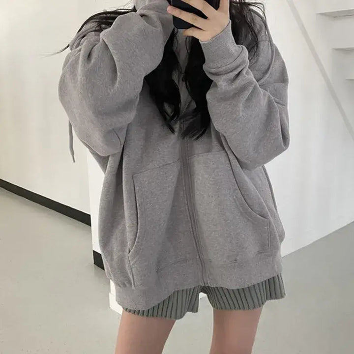Oversized zipped hoodie in solid color for y2k streetwear style - grey / s - hoodies