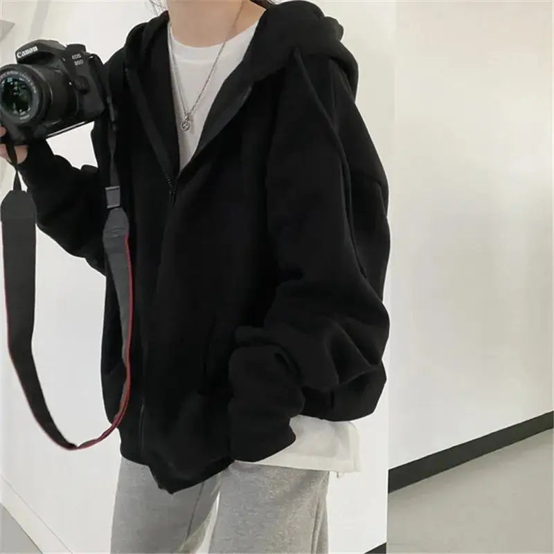 Oversized zipped hoodie in solid color for y2k streetwear style - hoodies