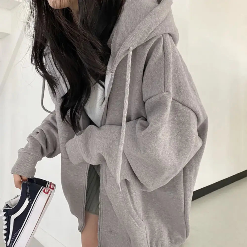 Oversized zipped hoodie in solid color for y2k streetwear style - hoodies