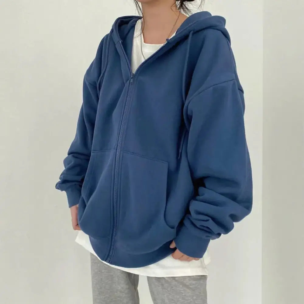 Oversized zipped hoodie in solid color for y2k streetwear style - hoodies