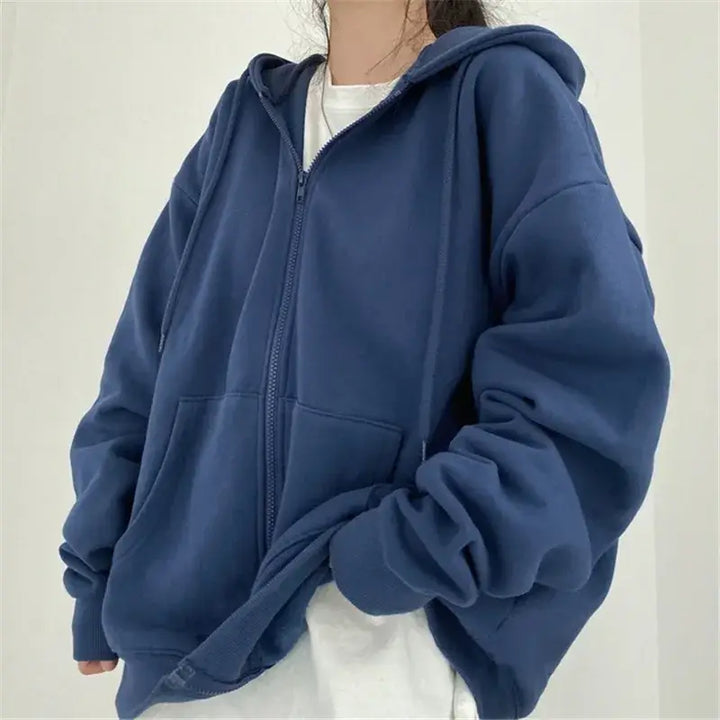 Oversized zipped hoodie in solid color for y2k streetwear style - hoodies
